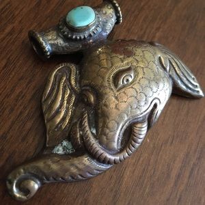 Tibetan repousse elephant turquoise brass tribal